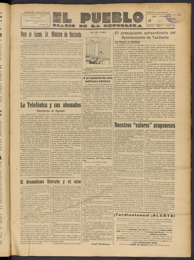 Miniatura de El Pueblo (Huesca. 1932) del 2 de octubre de 1935