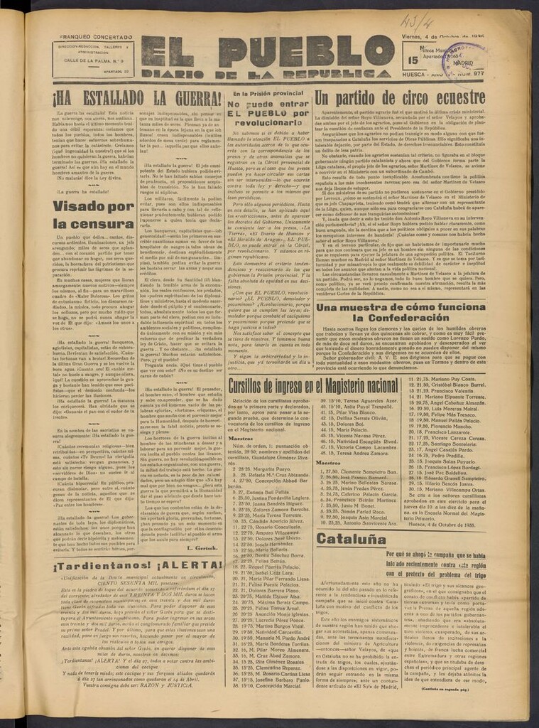 Miniatura de El Pueblo (Huesca. 1932) del 4 de octubre de 1935