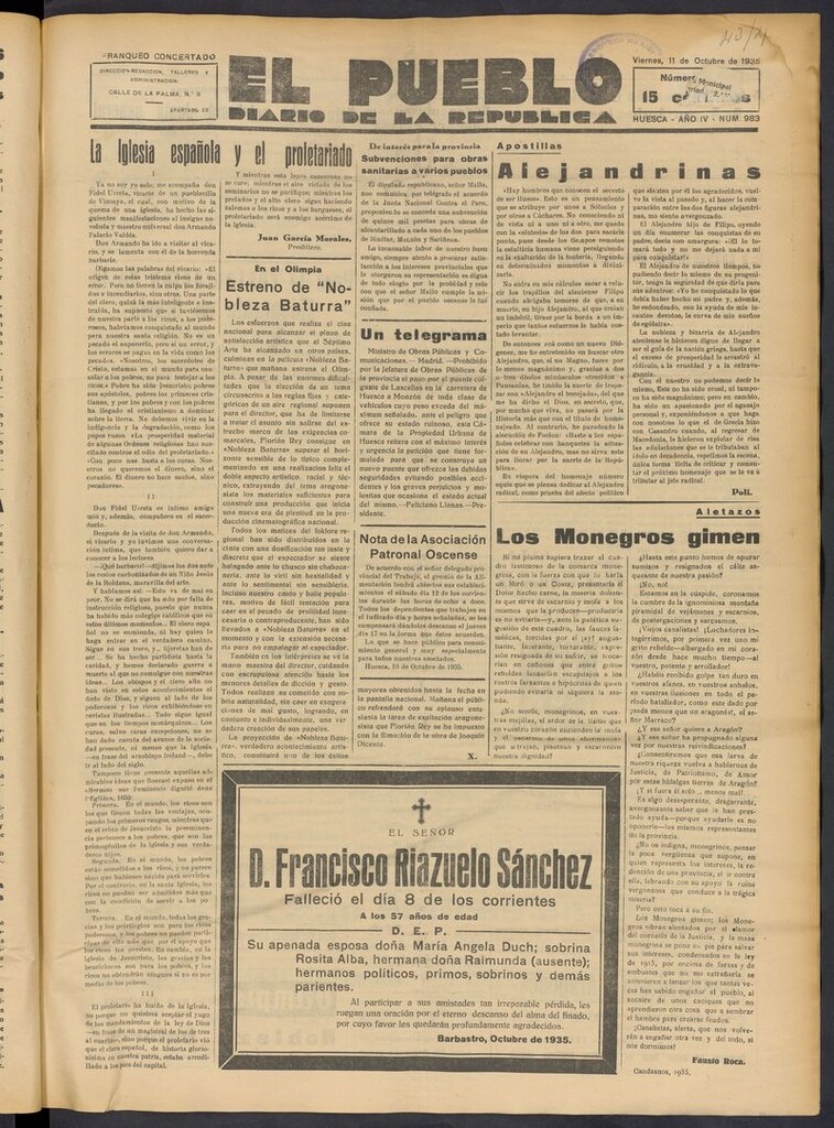 Miniatura de El Pueblo (Huesca. 1932) del 11 de octubre de 1935