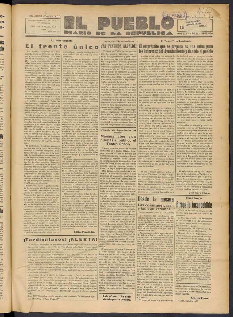 Miniatura de El Pueblo (Huesca. 1932) del 12 de octubre de 1935