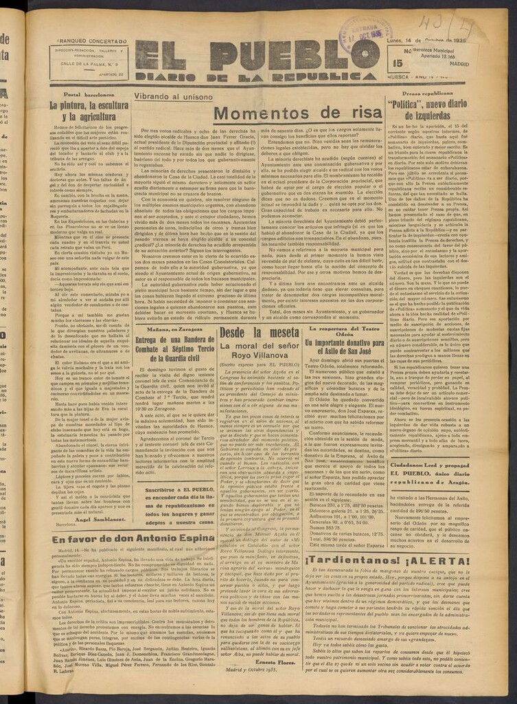 Miniatura de El Pueblo (Huesca. 1932) del 14 de octubre de 1935