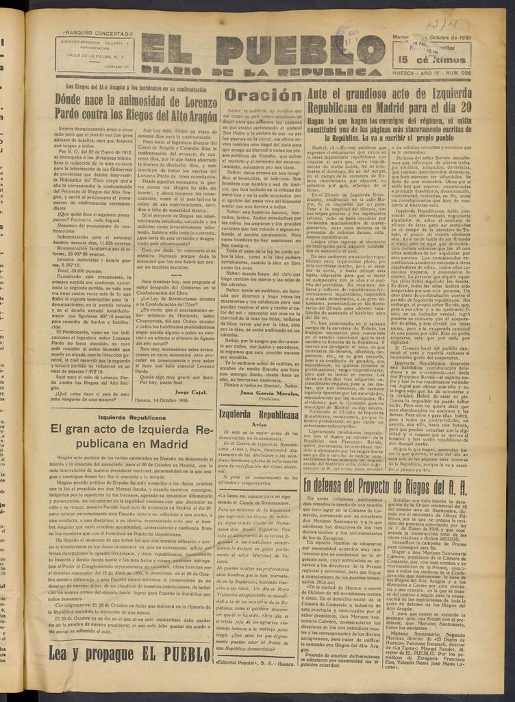 Miniatura de El Pueblo (Huesca. 1932) del 15 de octubre de 1935