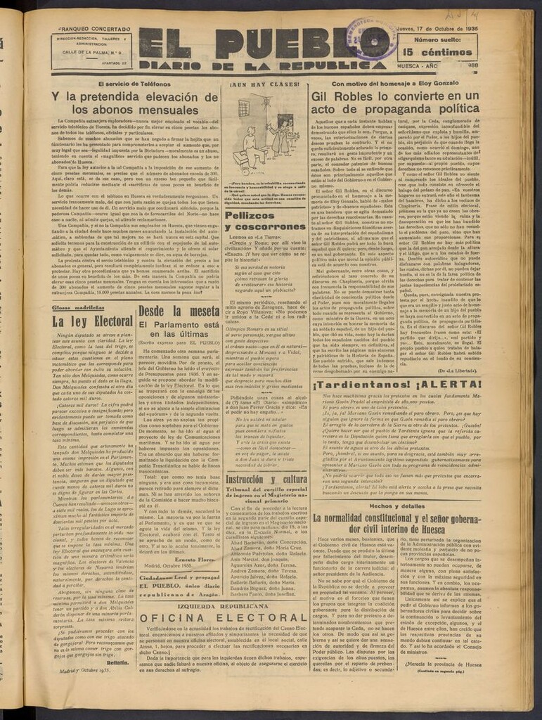 Miniatura de El Pueblo (Huesca. 1932) del 17 de octubre de 1935