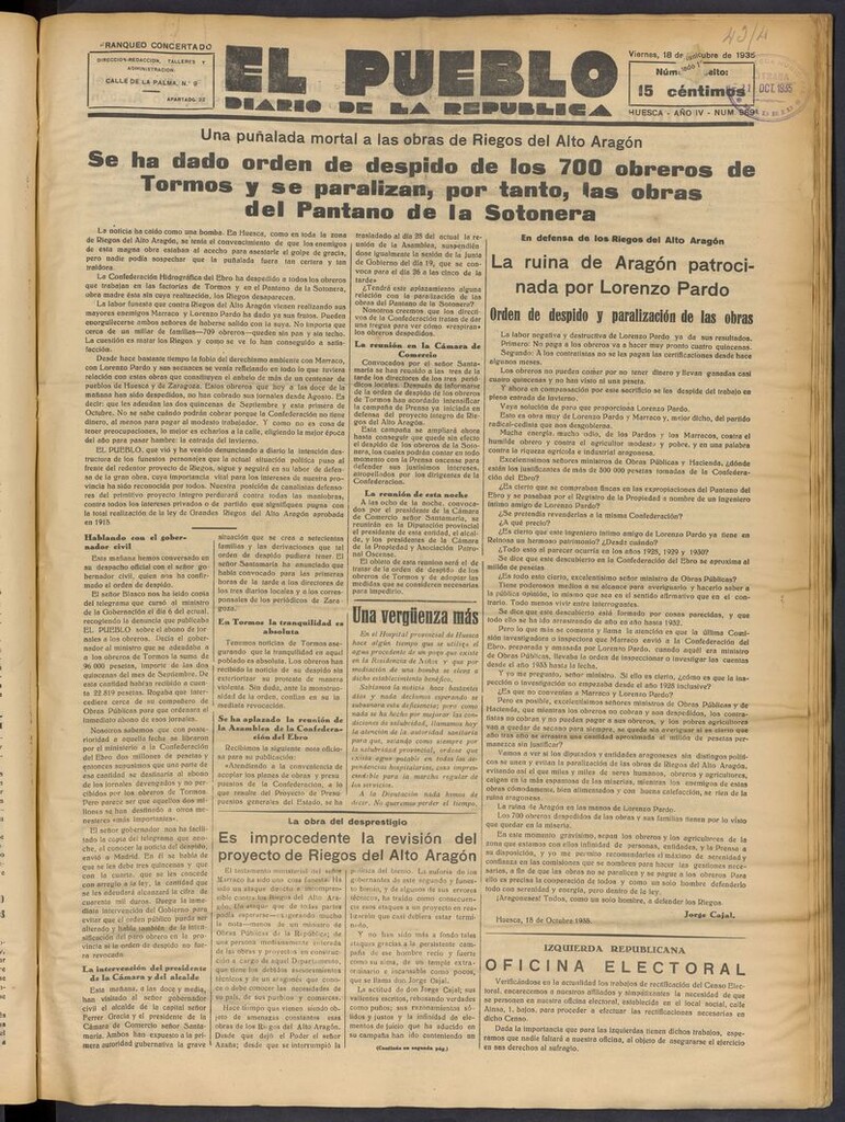 Miniatura de El Pueblo (Huesca. 1932) del 18 de octubre de 1935