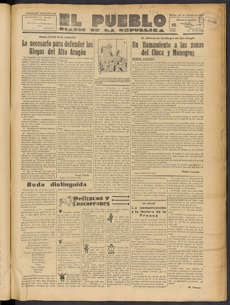 Miniatura de El Pueblo (Huesca. 1932) del 22 de octubre de 1935