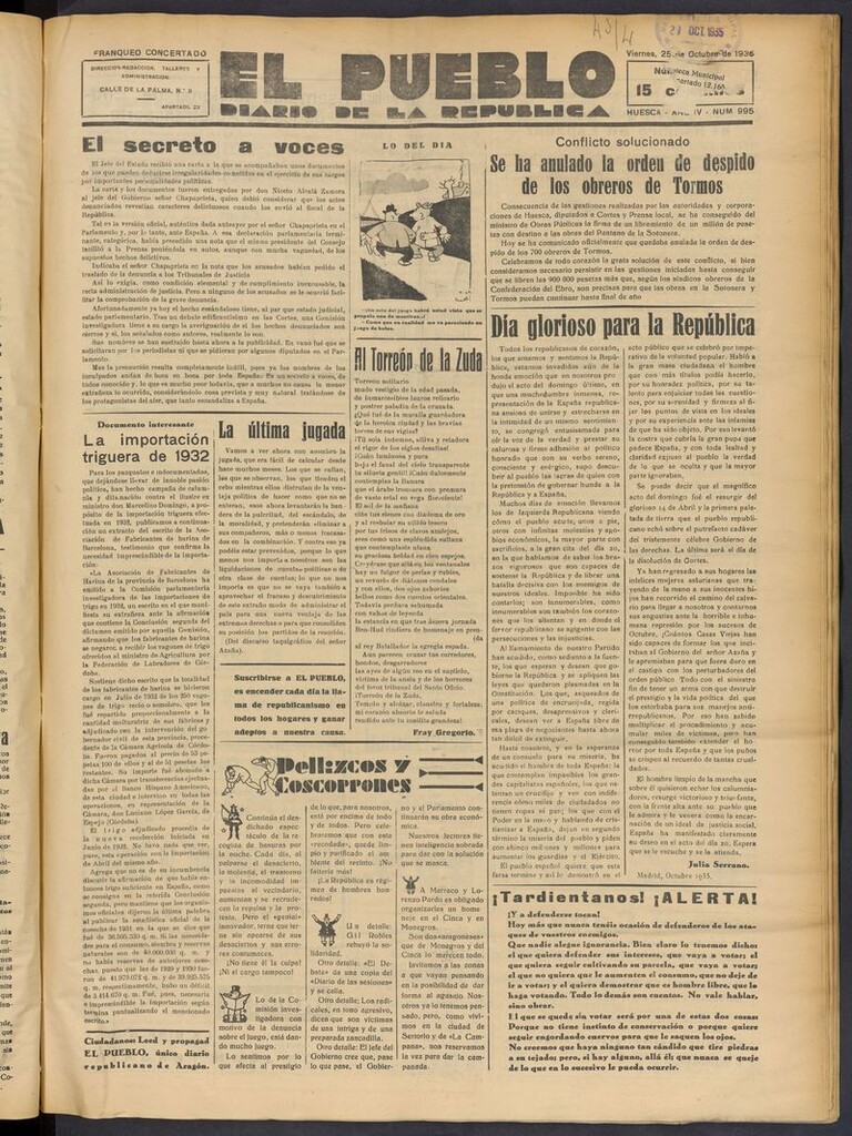 Miniatura de El Pueblo (Huesca. 1932) del 25 de octubre de 1935
