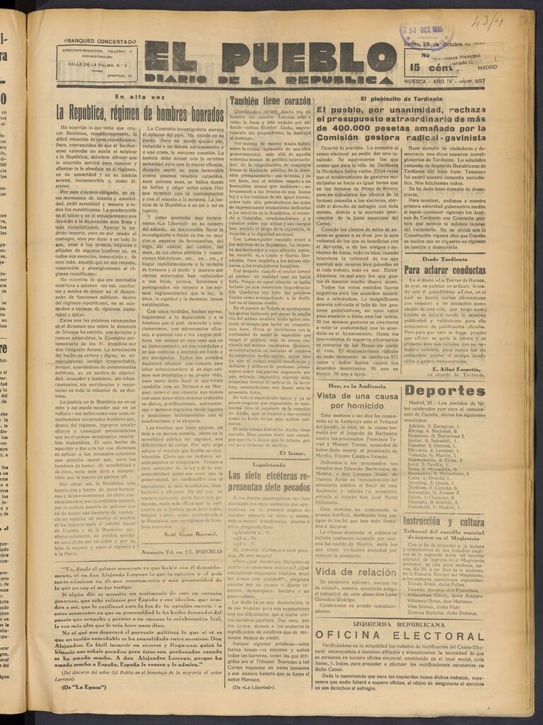 Miniatura de El Pueblo (Huesca. 1932) del 28 de octubre de 1935