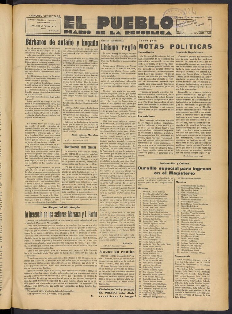 Miniatura de El Pueblo (Huesca. 1932) del 11 de noviembre de 1935
