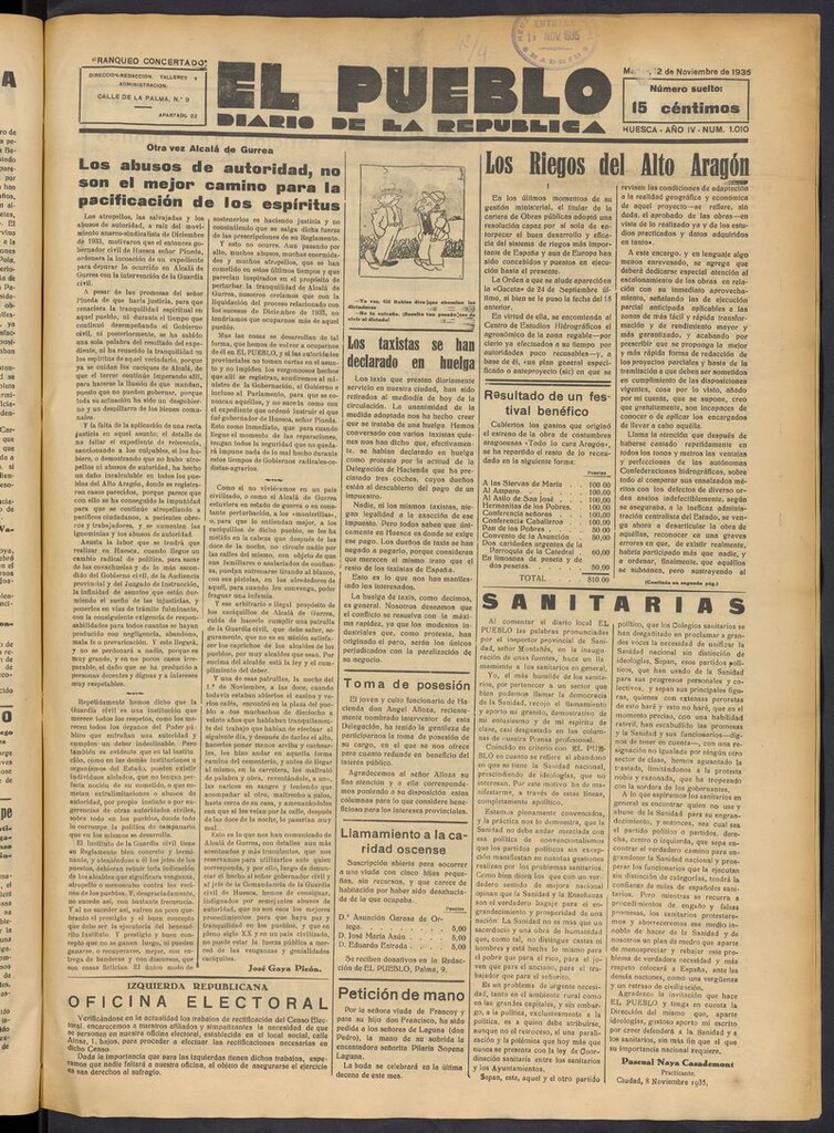 Miniatura de El Pueblo (Huesca. 1932) del 12 de noviembre de 1935