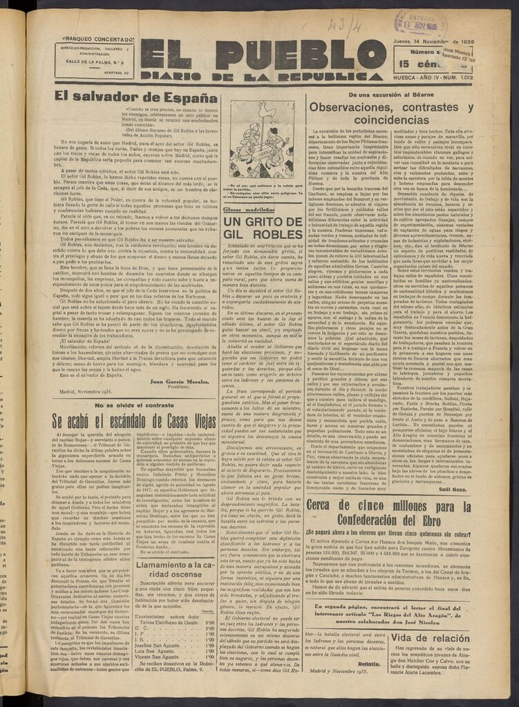 Miniatura de El Pueblo (Huesca. 1932) del 14 de noviembre de 1935