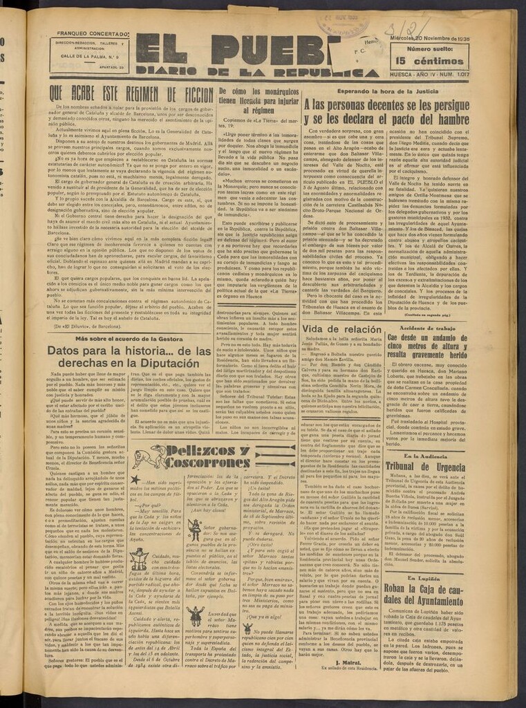 Miniatura de El Pueblo (Huesca. 1932) del 20 de noviembre de 1935