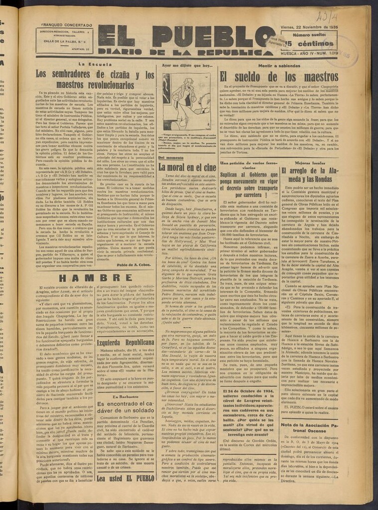 Miniatura de El Pueblo (Huesca. 1932) del 22 de noviembre de 1935