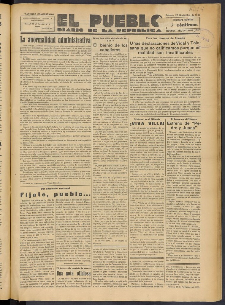 Miniatura de El Pueblo (Huesca. 1932) del 23 de noviembre de 1935