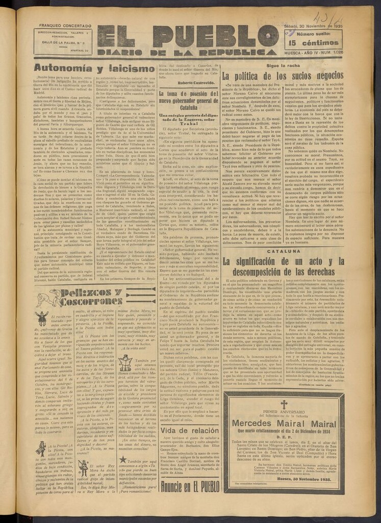 Miniatura de El Pueblo (Huesca. 1932) del 30 de noviembre de 1935