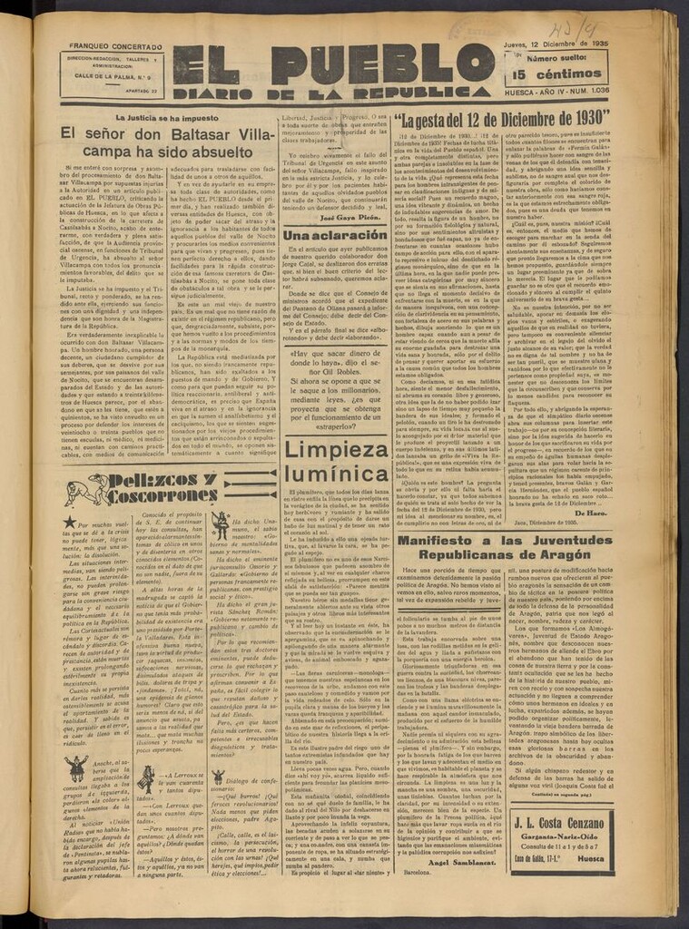 Miniatura de El Pueblo (Huesca. 1932) del 12 de diciembre de 1935