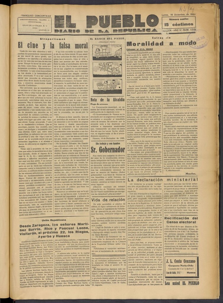 Miniatura de El Pueblo (Huesca. 1932) del 16 de diciembre de 1935