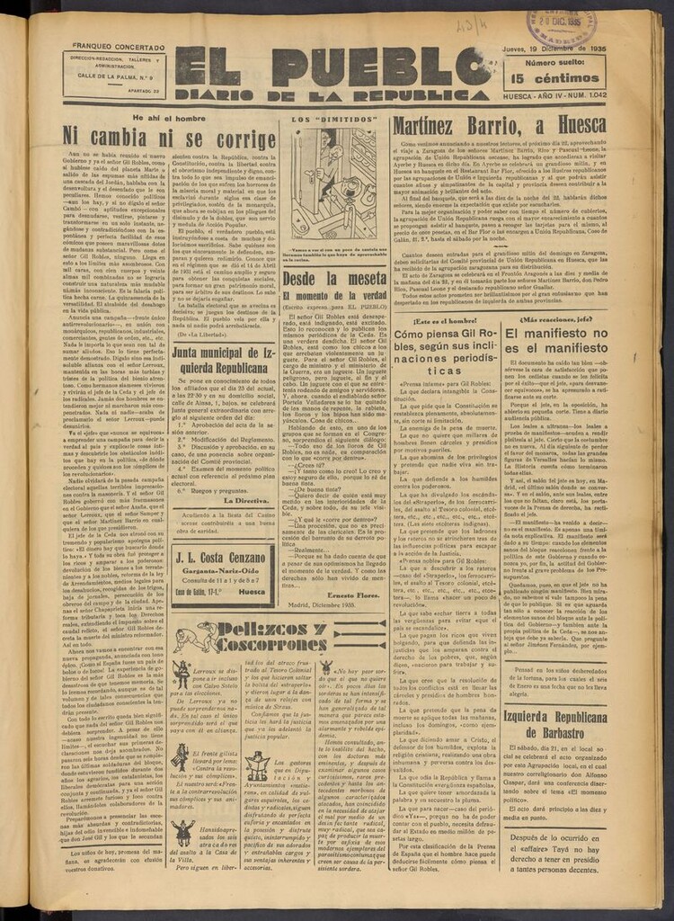 Miniatura de El Pueblo (Huesca. 1932) del 19 de diciembre de 1935