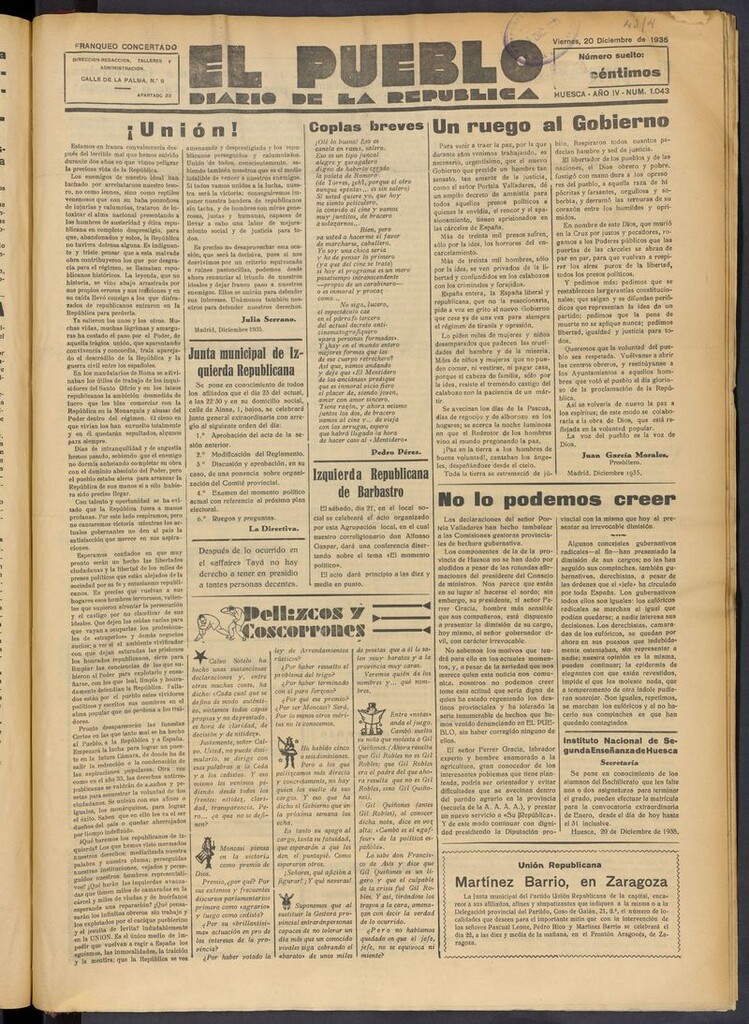 Miniatura de El Pueblo (Huesca. 1932) del 20 de diciembre de 1935