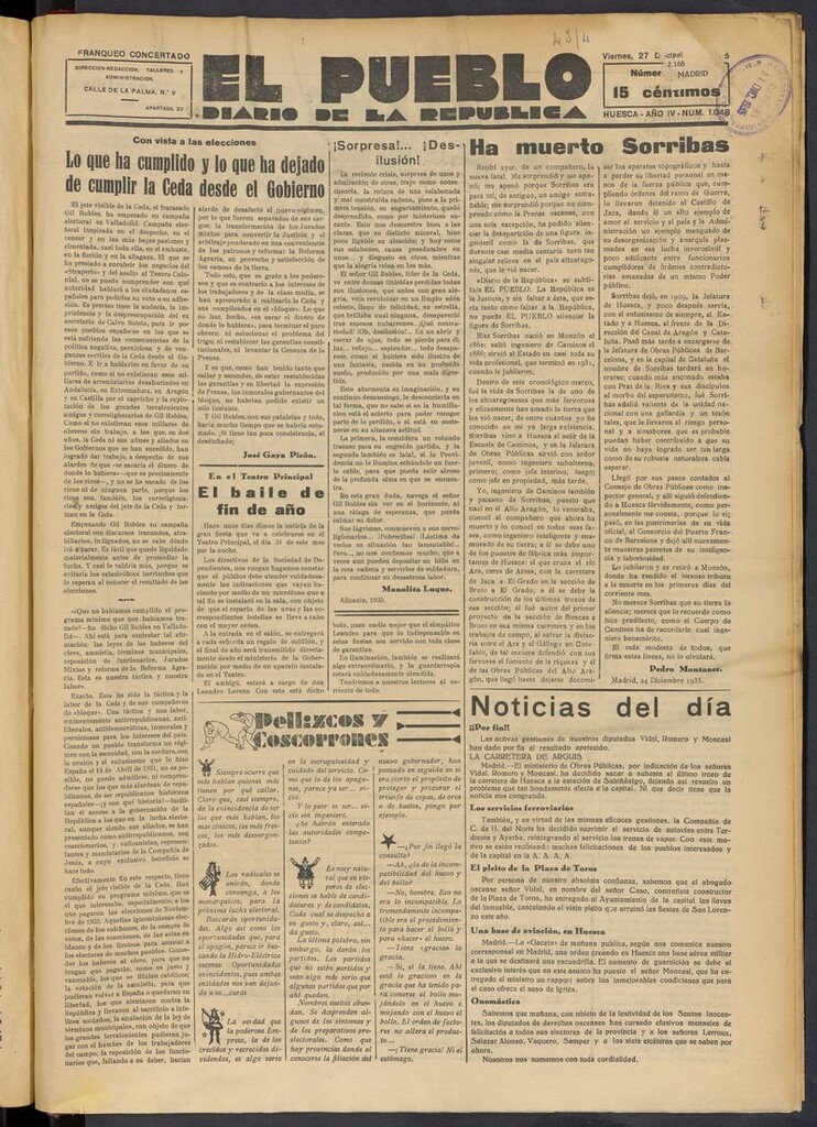 Miniatura de El Pueblo (Huesca. 1932) del 27 de diciembre de 1935