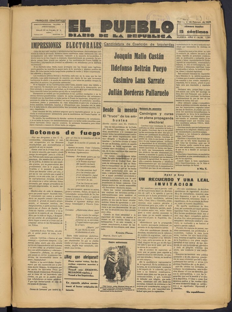 Miniatura de El Pueblo (Huesca. 1932) del 4 de febrero de 1936