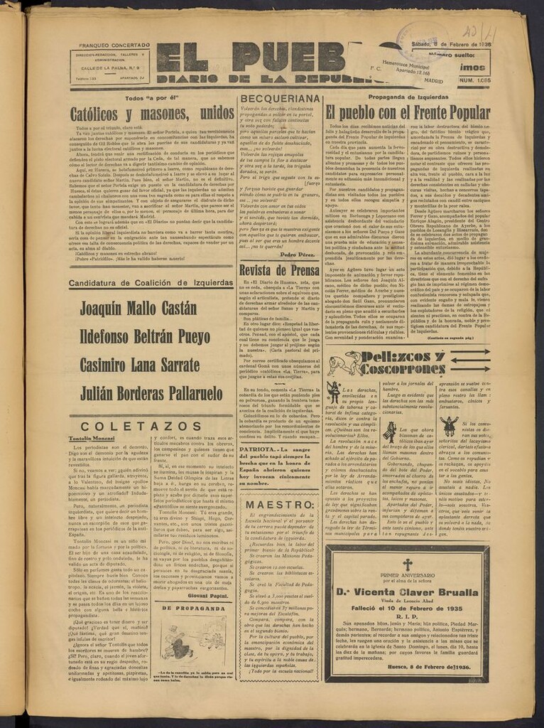 Miniatura de El Pueblo (Huesca. 1932) del 8 de febrero de 1936
