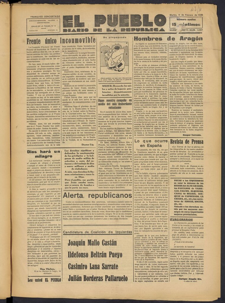 Miniatura de El Pueblo (Huesca. 1932) del 11 de febrero de 1936