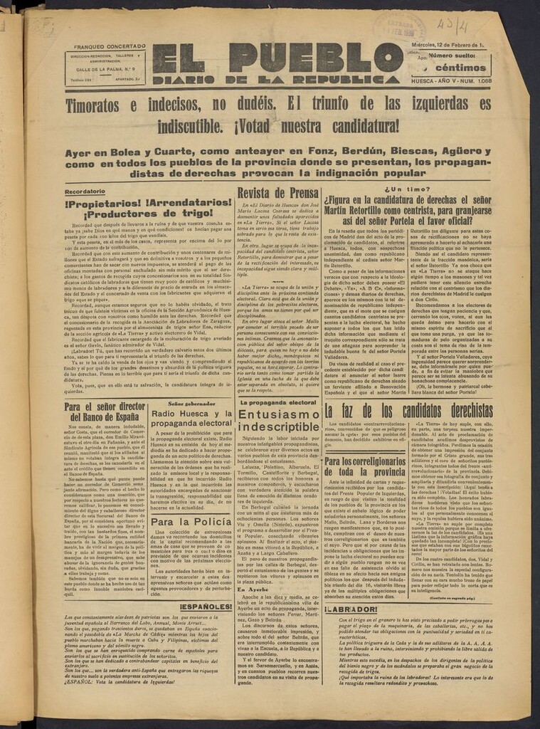 Miniatura de El Pueblo (Huesca. 1932) del 12 de febrero de 1936