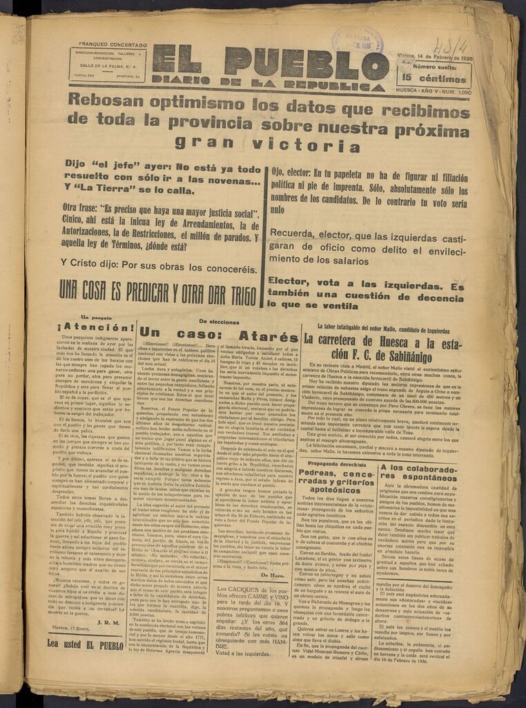 Miniatura de El Pueblo (Huesca. 1932) del 14 de febrero de 1936