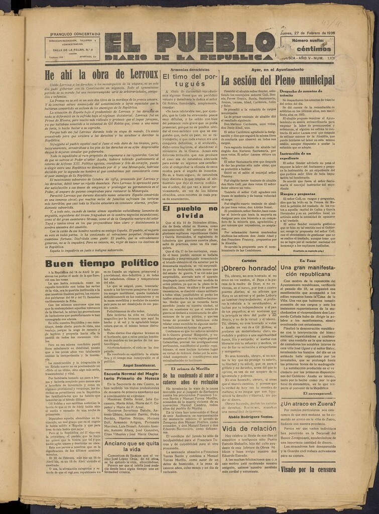 Miniatura de El Pueblo (Huesca. 1932) del 27 de febrero de 1936