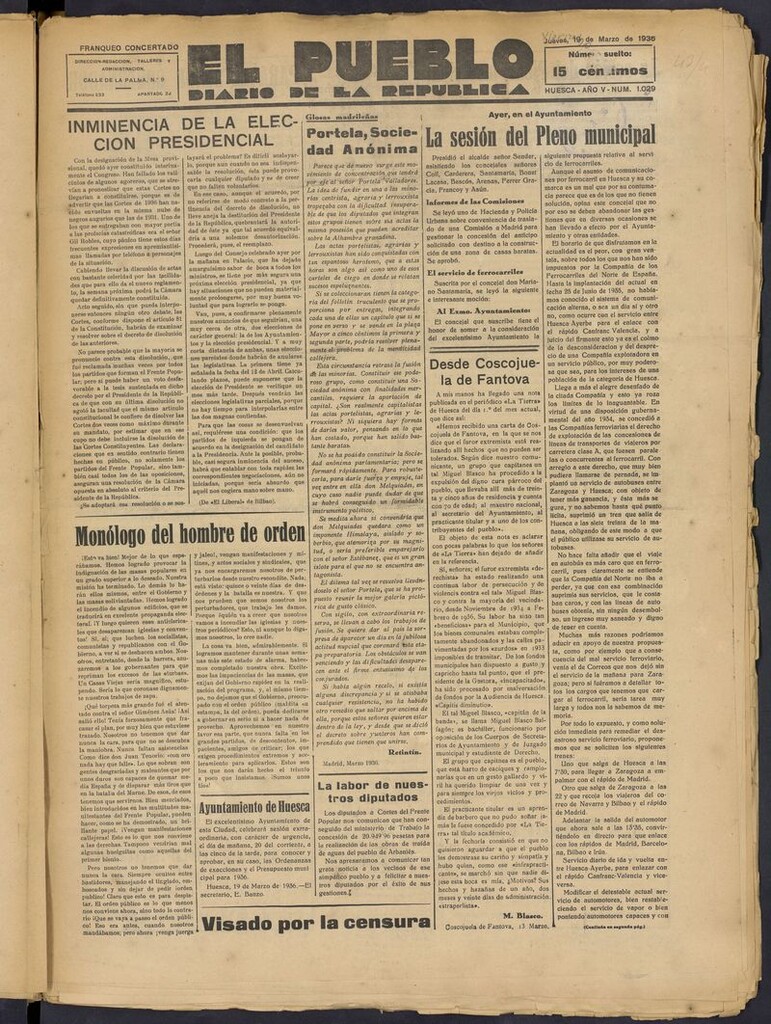 Miniatura de El Pueblo (Huesca. 1932) del 20 de marzo de 1936