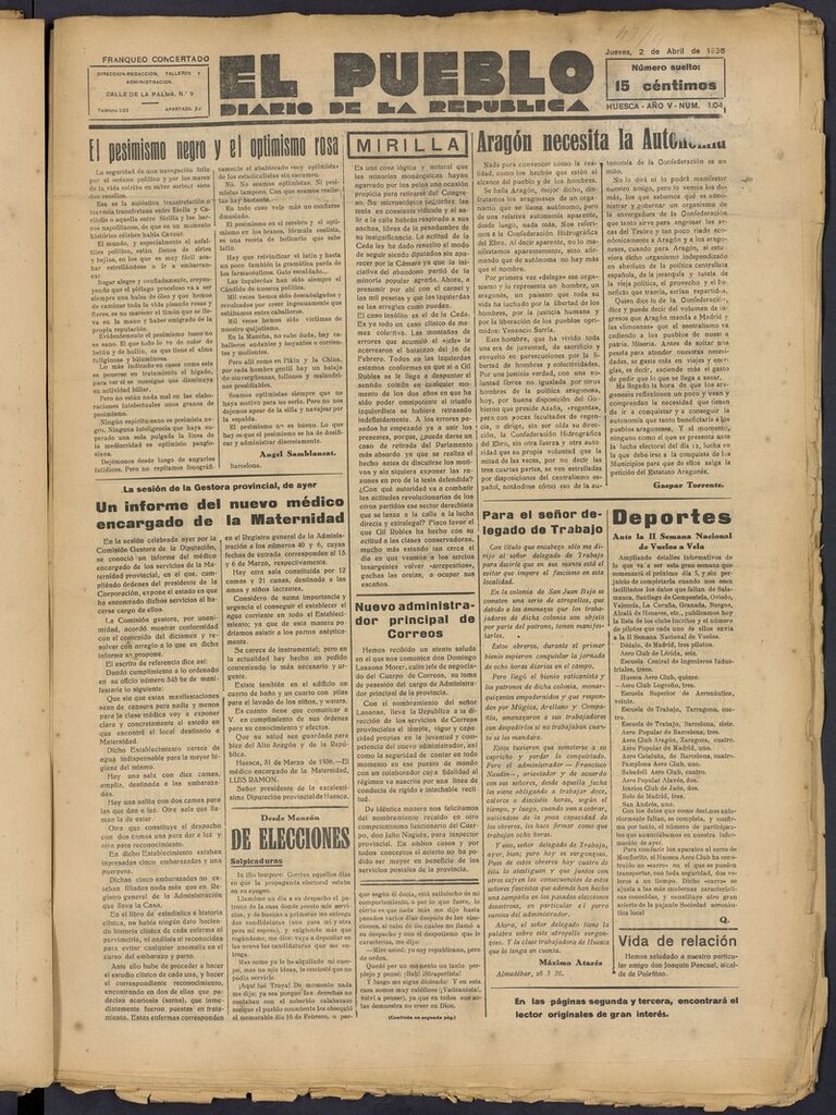 Miniatura de El Pueblo (Huesca. 1932) del 2 de abril de 1936