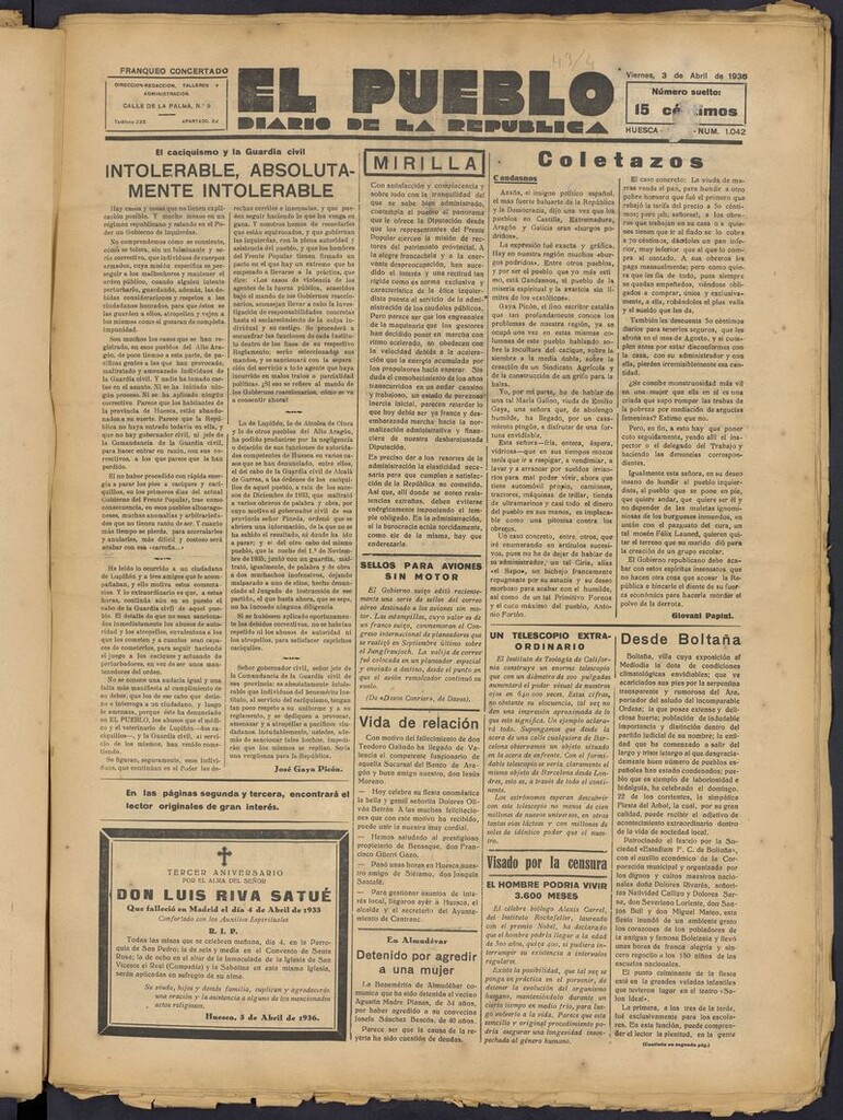 Miniatura de El Pueblo (Huesca. 1932) del 3 de abril de 1936