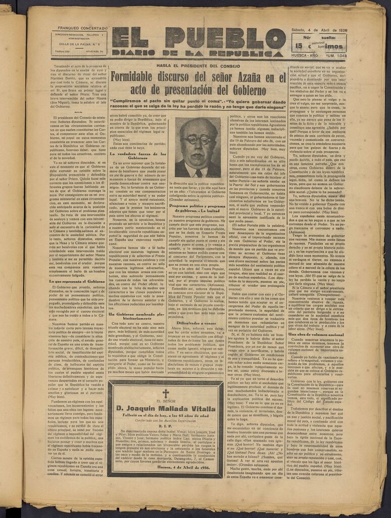 Miniatura de El Pueblo (Huesca. 1932) del 4 de abril de 1936