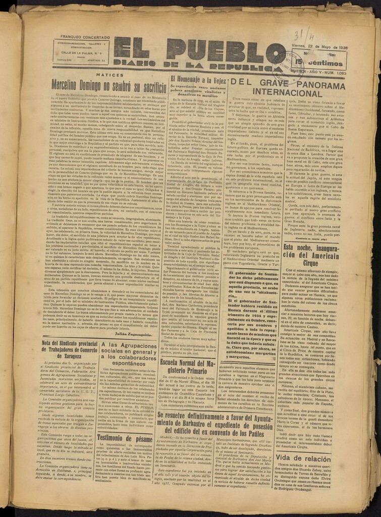 Miniatura de El Pueblo (Huesca. 1932) del 22 de mayo de 1936
