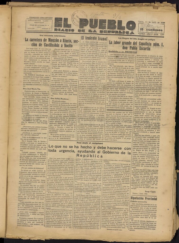 Miniatura de El Pueblo (Huesca. 1932) del 1 de junio de 1936