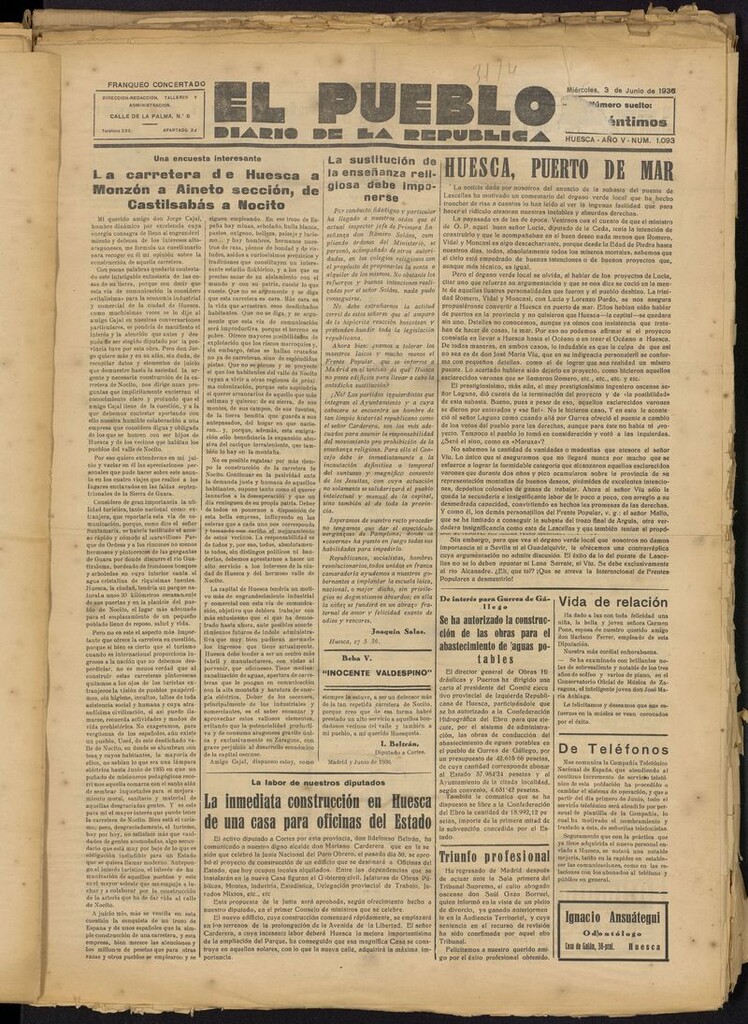 Miniatura de El Pueblo (Huesca. 1932) del 3 de junio de 1936