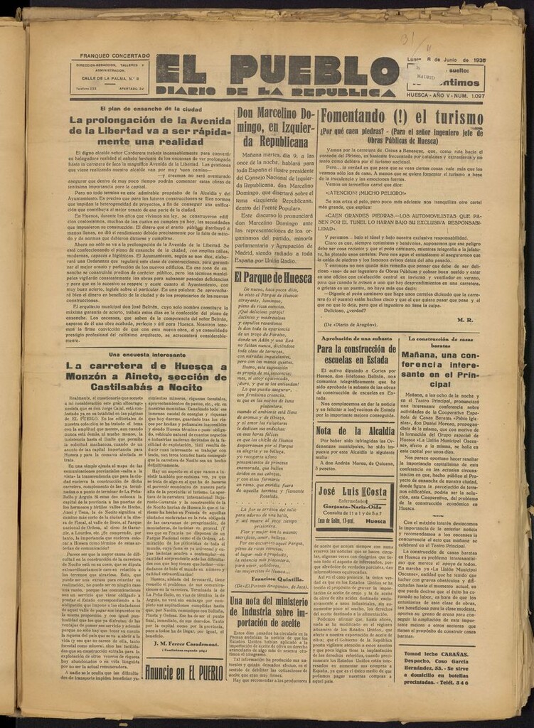 Miniatura de El Pueblo (Huesca. 1932) del 8 de junio de 1936