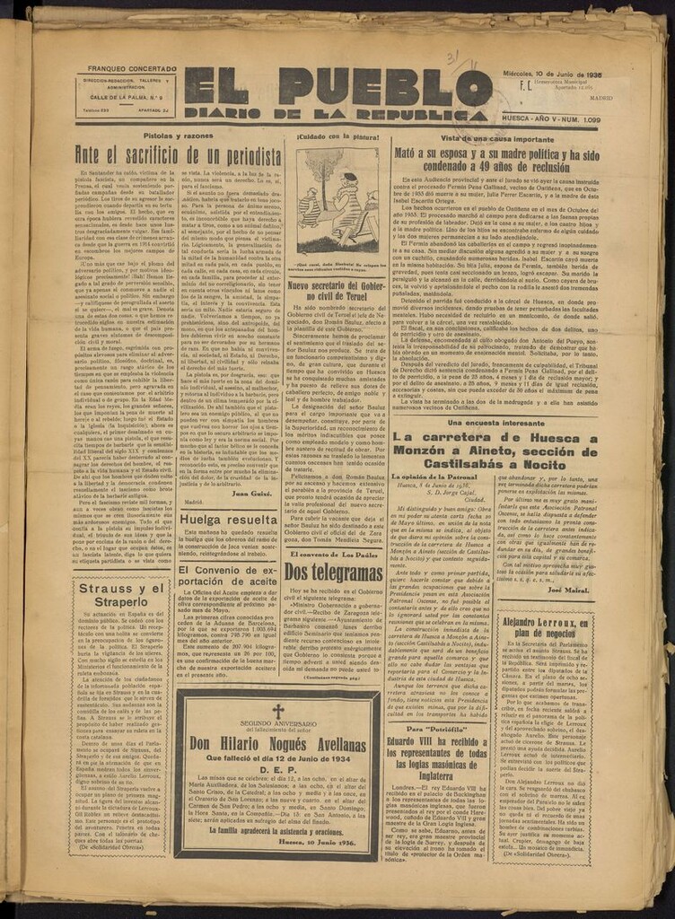 Miniatura de El Pueblo (Huesca. 1932) del 10 de junio de 1936