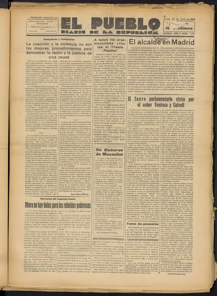 Miniatura de El Pueblo (Huesca. 1932) del 25 de junio de 1936