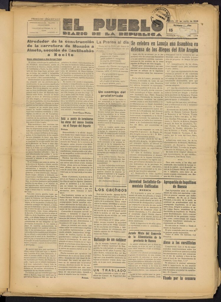 Miniatura de El Pueblo (Huesca. 1932) del 27 de junio de 1936
