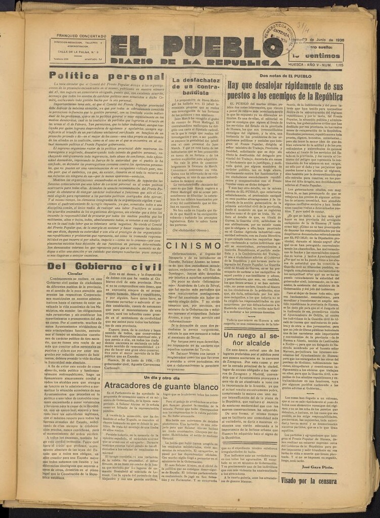 Miniatura de El Pueblo (Huesca. 1932) del 29 de junio de 1936