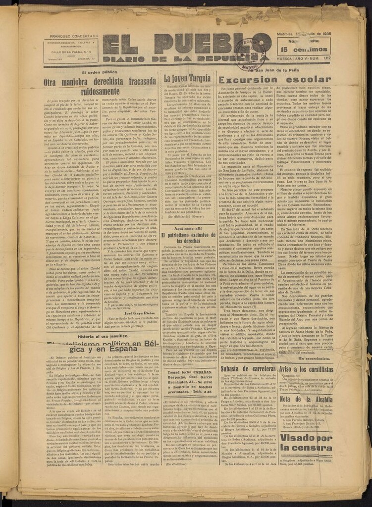 Miniatura de El Pueblo (Huesca. 1932) del 1 de julio de 1936