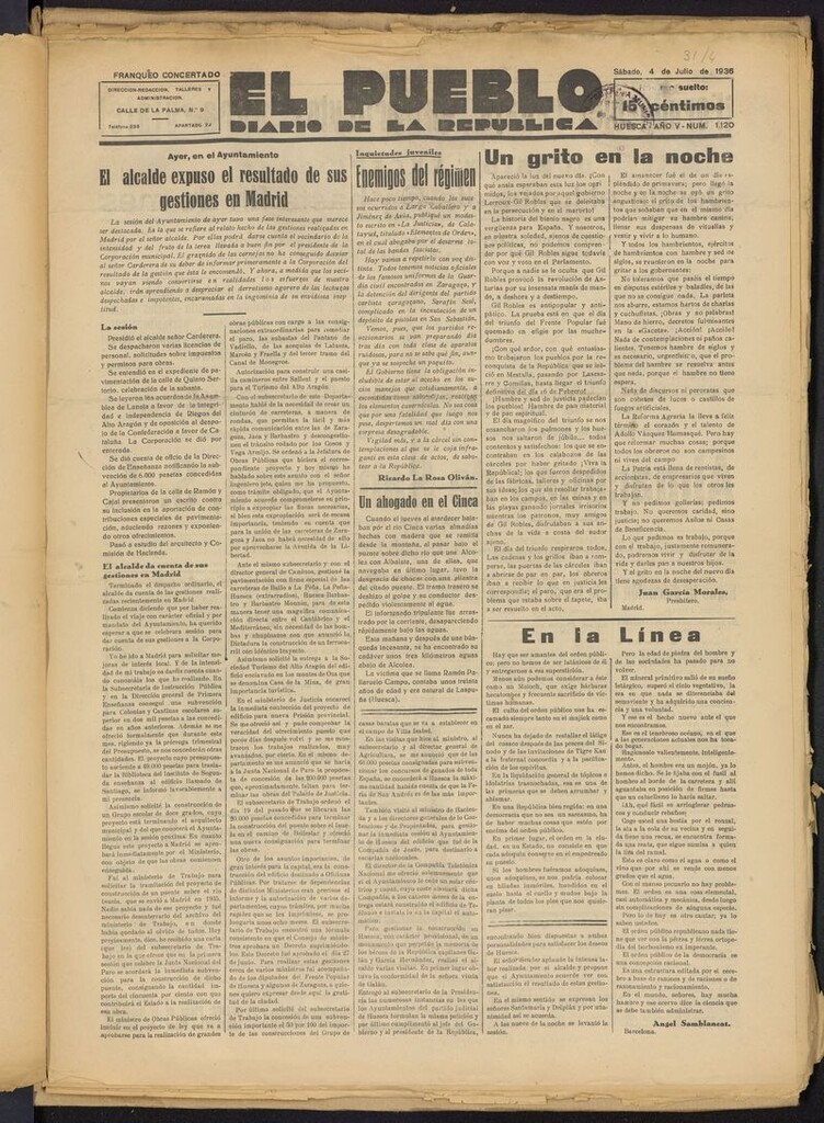 Miniatura de El Pueblo (Huesca. 1932) del 4 de julio de 1936