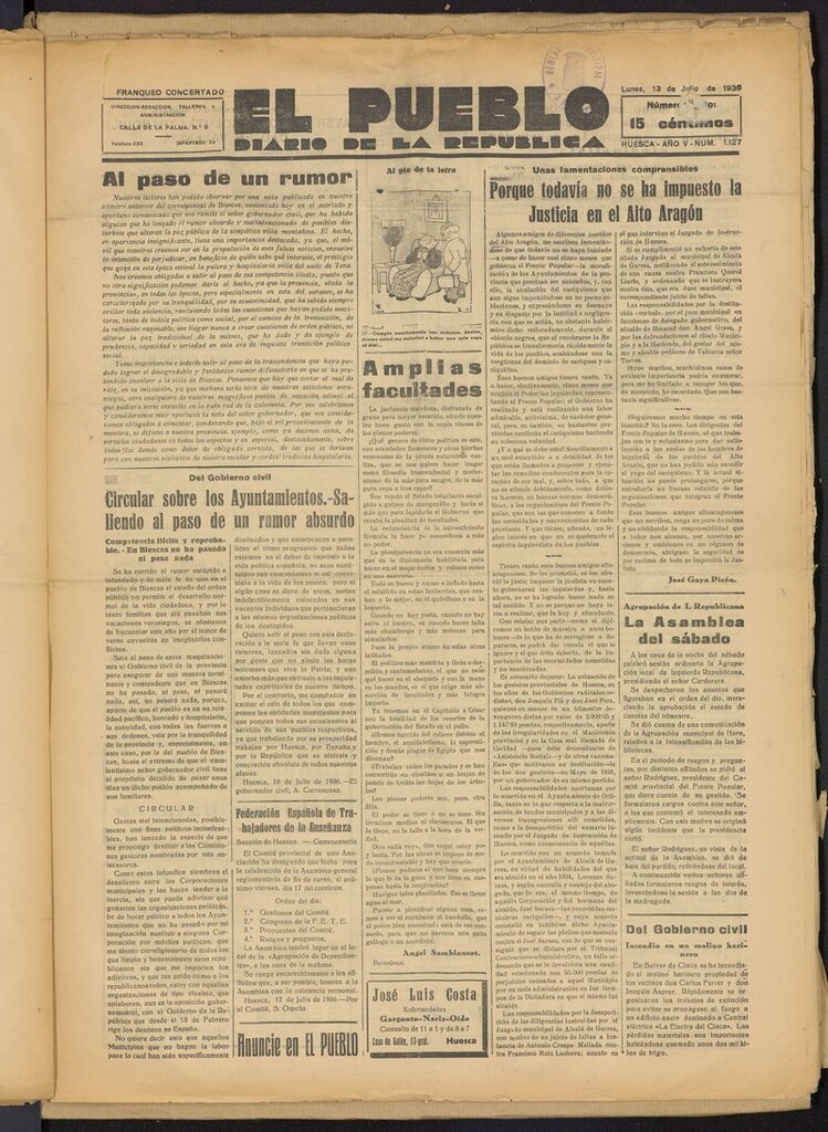 Miniatura de El Pueblo (Huesca. 1932) del 13 de julio de 1936