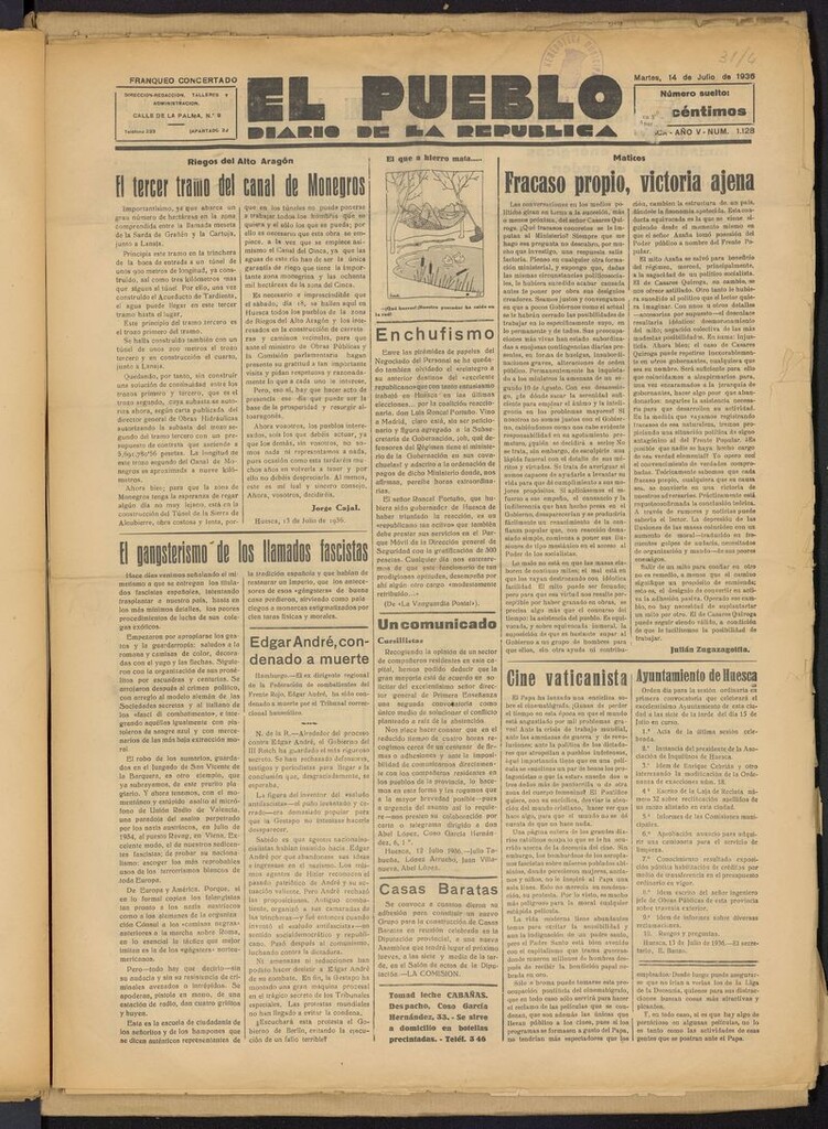 Miniatura de El Pueblo (Huesca. 1932) del 14 de julio de 1936