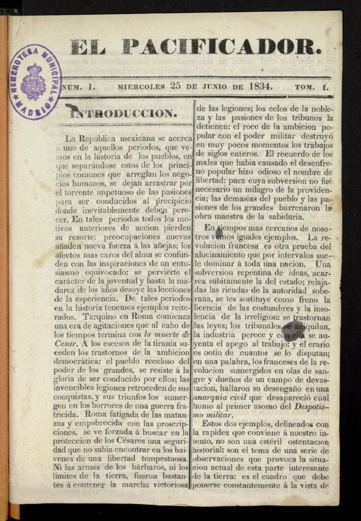 Miniatura de El Pacificador del 25 de junio de 1834