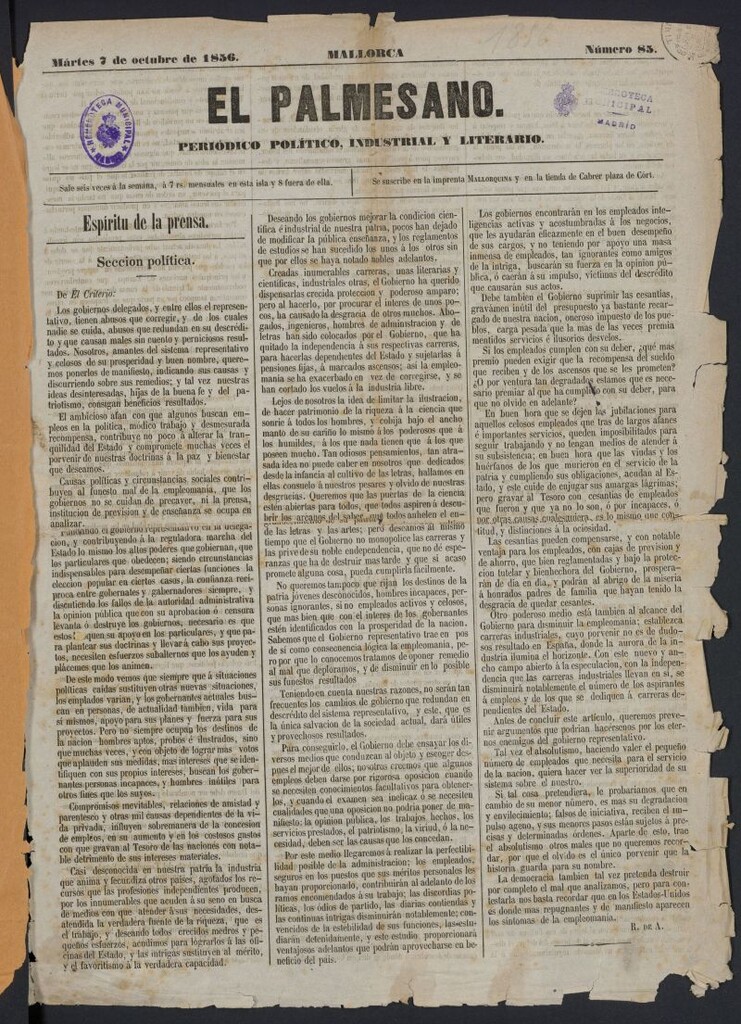 Miniatura de El Palmesano: periódico político, industrial y literario del 7 de octubre de 1836