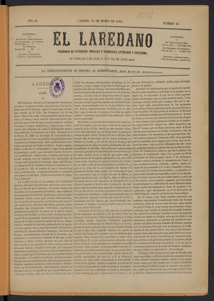 Miniatura de El Laredano del 15 de marzo de 1884