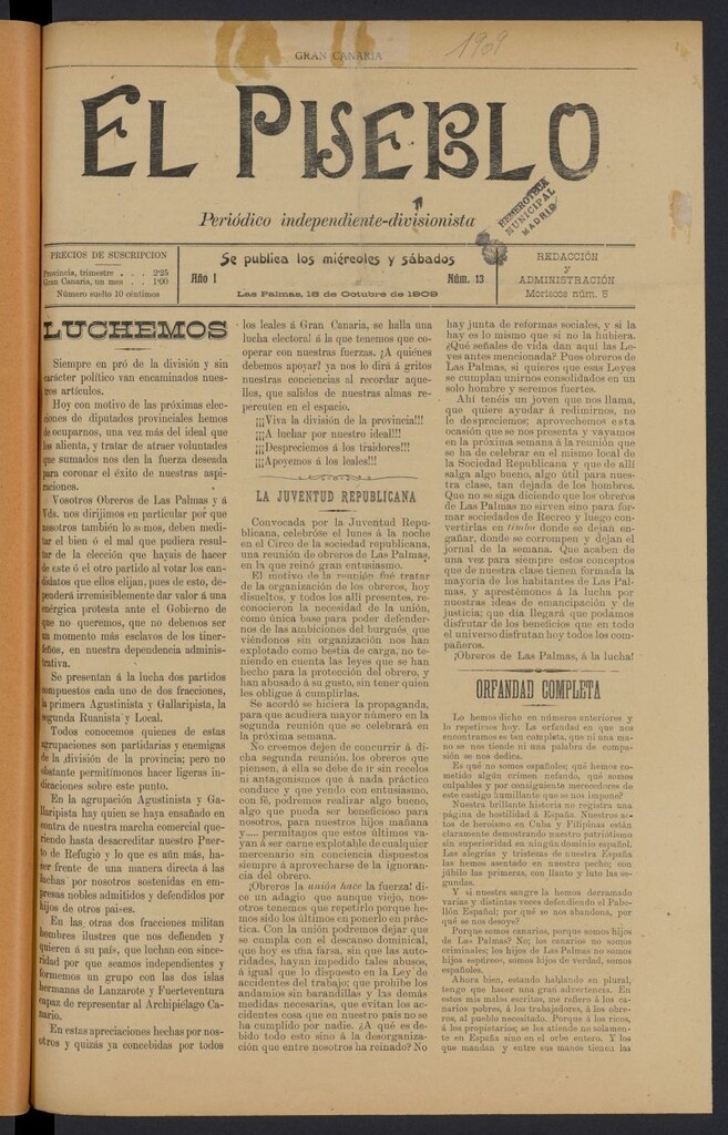 Miniatura de El Pueblo (Las Palmas, 1909) del 16 de octubre de 1909