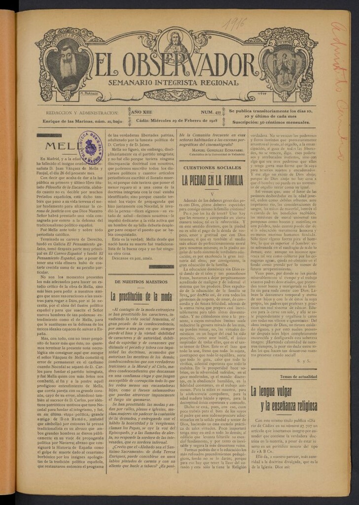 Miniatura de El observador: semanario integrista regional del 19 de febrero de 1916